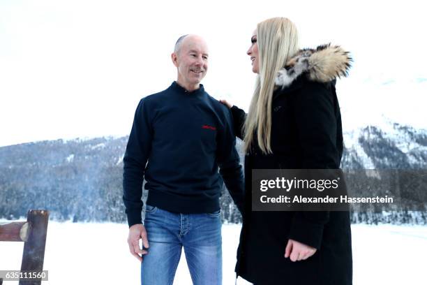 Lindsey Vonn of USA talks to Ingemar Stenmark of Sweden at Hotel Waldhaus am See on February 13, 2017 in St Moritz, Switzerland.