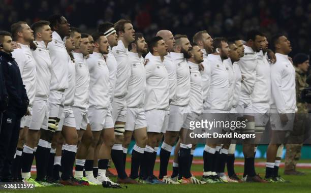 England line up during the RBS Six Nations match between Wales and England at the Principality Stadium on February 11, 2017 in Cardiff, Wales.