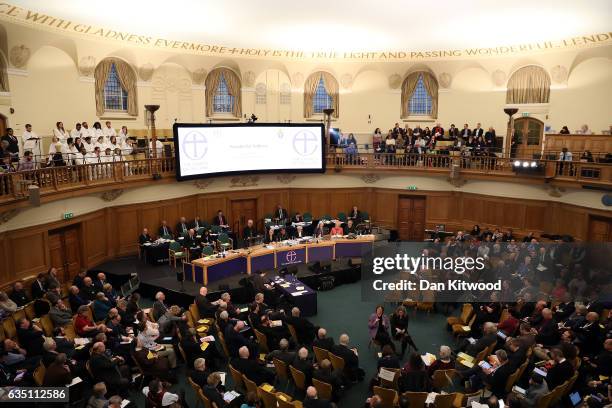 The Archbishop of Canterbury Justin Welby addresses the General Synod in Assembly Hall on February 13, 2017 in London, England. The General Synod...