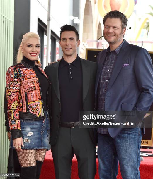 Recording artists Gwen Stefani, Adam Levine and Blake Shelton attend the ceremony honoring Adam Levine with star on the Hollywood Walk of Fame on...