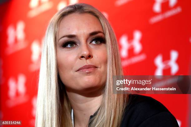 Lindsey Vonn of USA looks on during a media talk at Hotel Waldhaus am See on February 13, 2017 in St Moritz, Switzerland.