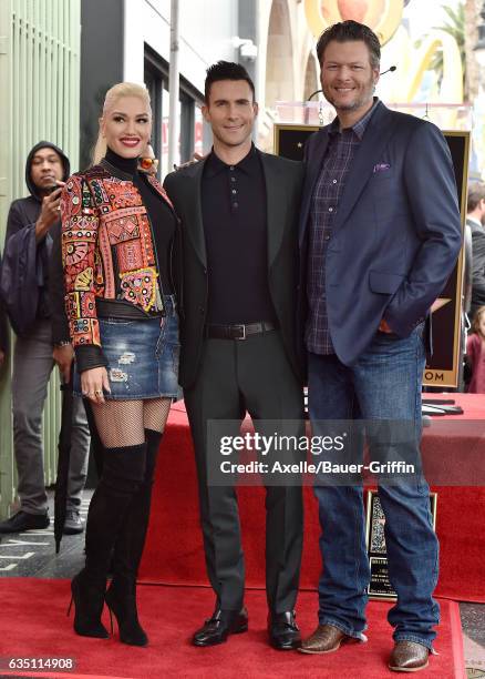 Recording artists Gwen Stefani, Adam Levine and Blake Shelton attend the ceremony honoring Adam Levine with star on the Hollywood Walk of Fame on...