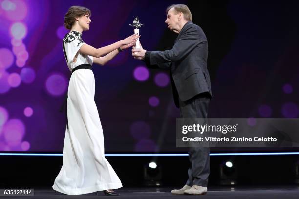 Shooting Star Victoria Guerra receives the award from actor Timothy Spall at the 'The Party' premiere during the 67th Berlinale International Film...