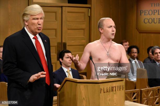Alec Baldwin" Episode 1718 -- Pictured: Alec Baldwin as President Donald Trump, Beck Bennett as Russian during the "Trump People's Court" sketch on...