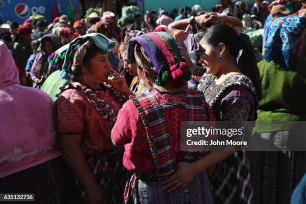 Vendors chat at a vegetable market on February 11, 2017 in Almolonga, Guatemala. The Mayan town in the western highlands district of Quetzaltenango...