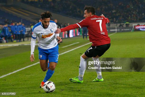 Edgar Prib of Hannover challenges Selim Guenduez of Bochum during the Second Bundesliga match between Hannover 96 and VfL Bochum 1848 at HDI-Arena on...