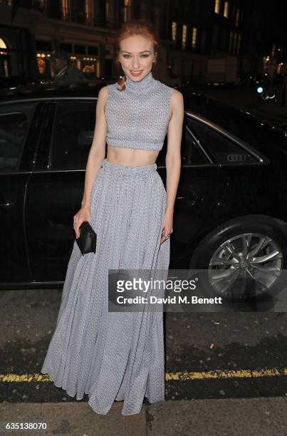 Eleanor Tomlinson arrives in an Audi at the ELLE Style Awards at 41 Conduit Street on February 13, 2017 in London, England.