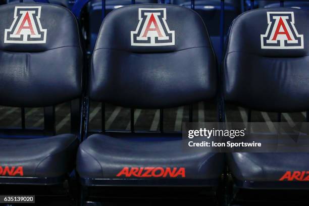 The Arizona Wildcats logo on courtside chairs before the college basketball game between the Cal Golden Bears and the Arizona Wildcats on February...