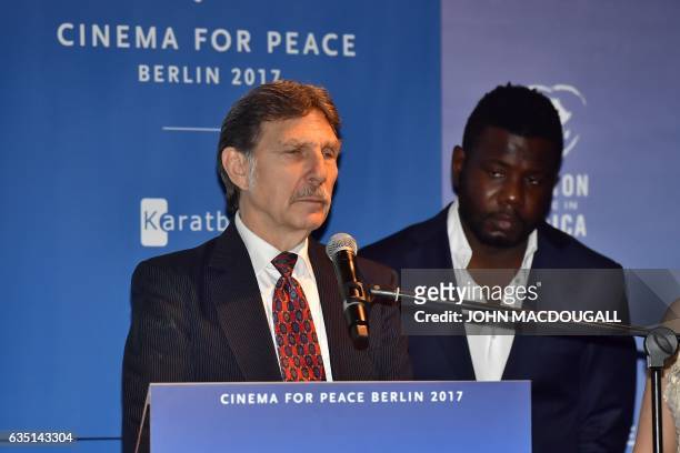 Desmond Doss Junior , son of the "Hacksaw Ridge" movie character, soldier Desmond Doss, adresses guests after winning the award at the Cinema For...