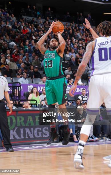 James Young of the Boston Celtics shoots a three pointer against the Sacramento Kings on February 8, 2017 at Golden 1 Center in Sacramento,...