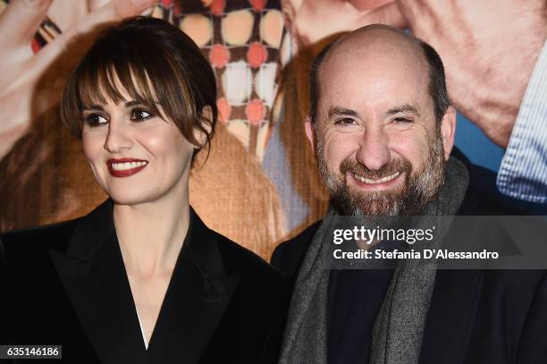 Paola Cortellesi and Antonio Albanese attend 'Mamma o Papa' premiere on February 13, 2017 in Milan, Italy.