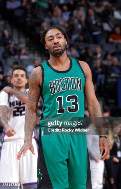 James Young of the Boston Celtics looks on during the game against the Sacramento Kings on February 8, 2017 at Golden 1 Center in Sacramento,...