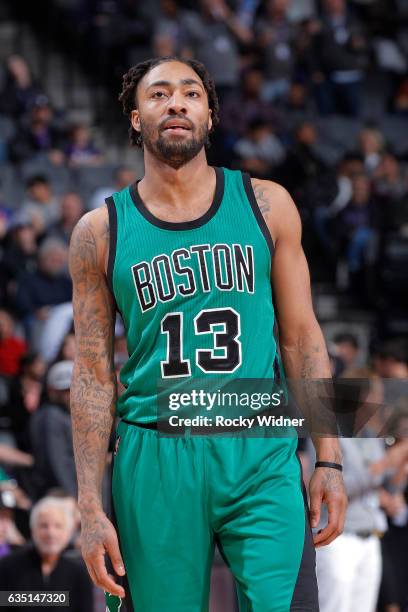James Young of the Boston Celtics looks on during the game against the Sacramento Kings on February 8, 2017 at Golden 1 Center in Sacramento,...