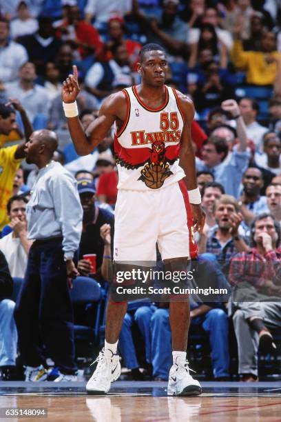 Dikembe Mutombo of the Atlanta Hawks against the Indiana Pacers on April 9, 1998 at The Omni in Atlanta, Georgia. NOTE TO USER: User expressly...