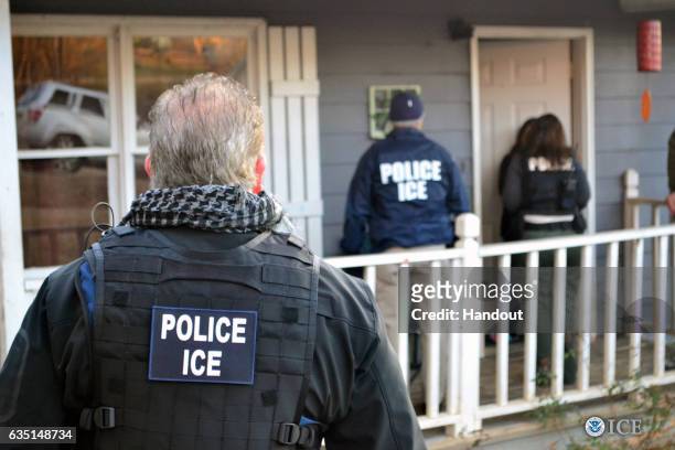 In this handout provided by U.S. Immigration and Customs Enforcement, Foreign nationals were arrested this week during a targeted enforcement...