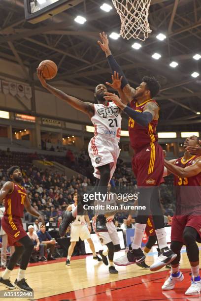 Leslie of the Raptors 905 drives to the basket against the Canton Charge at the Hershey Centre on February 11, 2017 in Mississauga, Ontario, Canada....