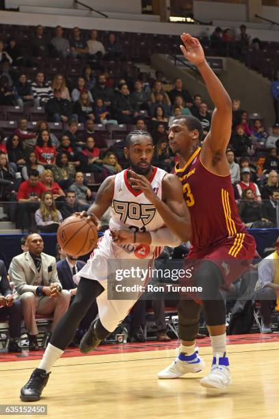 Leslie of the Raptors 905 drives to the basket against the Canton Charge at the Hershey Centre on February 11, 2017 in Mississauga, Ontario, Canada....