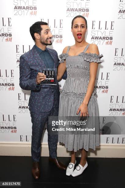 Riz Ahmed poses in the winners room with the Actor of The Year award and presenter Zawe Ashton at the Elle Style Awards 2017 on February 13, 2017 in...