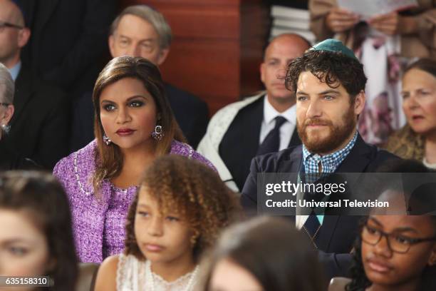 Bat Mitzvah" Episode 509 -- Pictured: Mindy Kaling as Mindy Lahiri, Adam Pally as Peter Prentice --