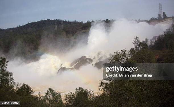 High velocity water from Lake Oroville flows out of the damaged primary spillway at 100,000 cubic feet per second in Oroville, Calif., on Feb. 13,...