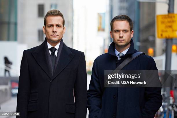 Episode 615 -- Pictured: Gabriel Macht as Harvey Specter, Patrick J. Adams as Michael Ross --