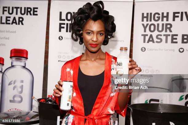 Mame Adjei poses with Bai drinks #drinkbai during Nolcha Shows Runway New York Fashion Week Fall Winter 2017 at ArtBeam on February 13, 2017 in New...