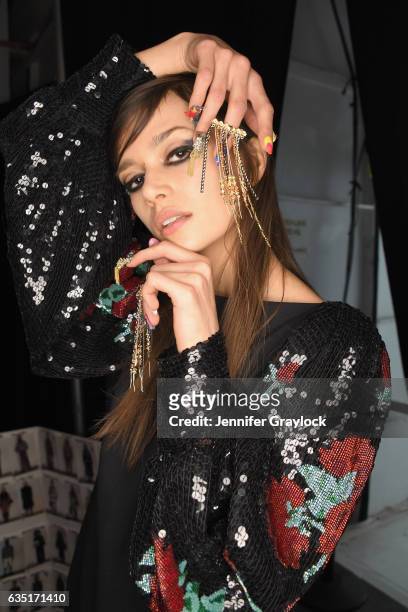 Model prepares at the CND For Libertine Fall/Winter 2017 during, New York Fashion Week:The Shows at Skylight at Clarkson Sq on February 13, 2017 in...