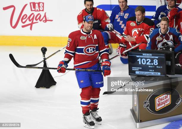 Shea Weber of the Montreal Canadiens looks on after taking his turn in the Oscar Mayer Hardest Shot competition as part of the 2017 Coors Light NHL...