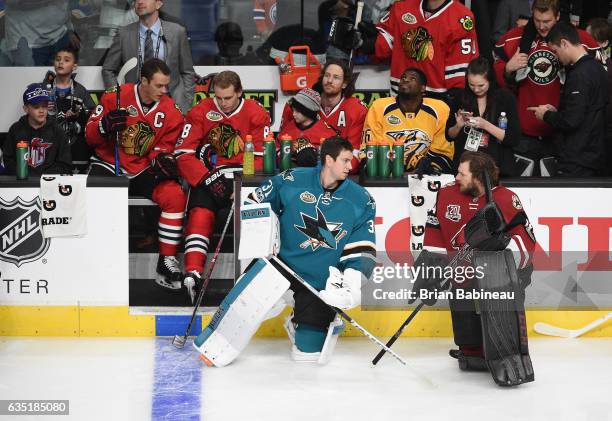 Goaltenders Martin Jones of the San Jose Sharks and Mike Smith of the Arizona Coyotes talk during the 2017 Coors Light NHL All-Star Skills...