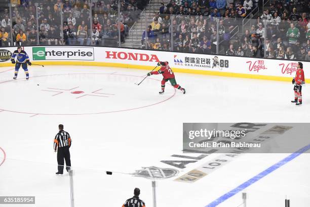 Ryan Suter of the Minnesota Wild shoots the puck during the Gatorade Skills Challenge Relay as part of the 2017 Coors Light NHL All-Star Skills...