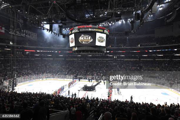 The NHL All-Stars line up at the blueline prior to the start of the 2017 Coors Light NHL All-Star Skills Competition at Staples Center on January 28,...