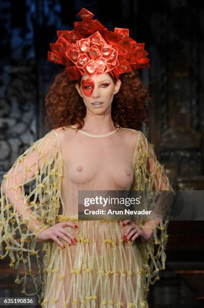 Model walks the runway in a dress entirely made of condoms, designed by Julia Hursh at New York Fashion Week Art Hearts Fashion NYFW FW/17 at The...