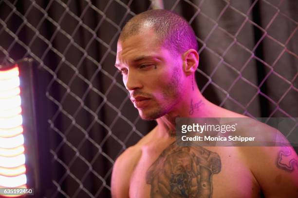 Model Jeremy Meeks prepares backstage for the Philipp Plein collection during, New York Fashion Week: The Shows at New York Public Library on...