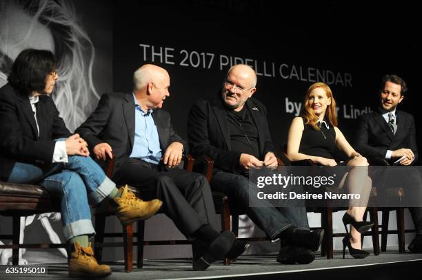 Fran Lebowitz, Steve McCurry, Peter Lindbergh, Jessica Chastain and Derek Blasberg attend The Pirelli Calendar Presents: Peter Lindbergh On Beauty at...