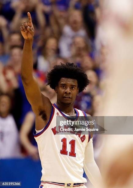 Josh Jackson of the Kansas Jayhawks reacts during the game against the West Virginia Mountaineers at Allen Fieldhouse on February 13, 2017 in...