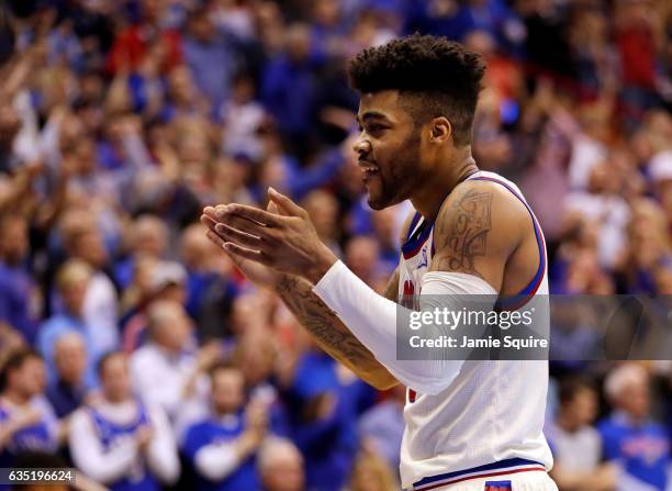 Frank Mason III of the Kansas Jayhawks reacts during the game against the West Virginia Mountaineers at Allen Fieldhouse on February 13, 2017 in...