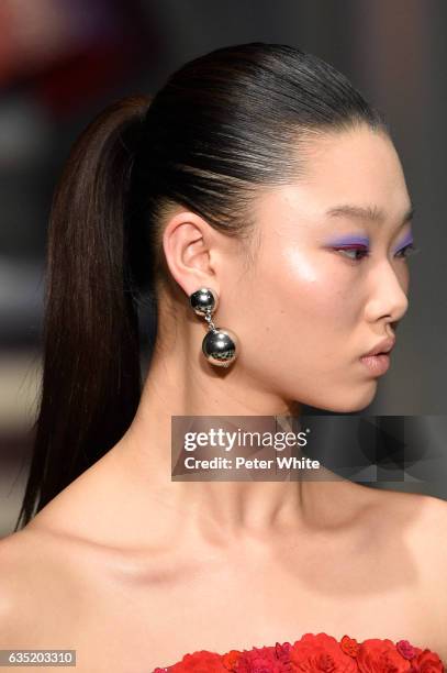 Model, Beauty detail, walk the runway at the Oscar de La Renta fashion show during February 2017 New York Fashion Week: The Shows at Gallery 1,...