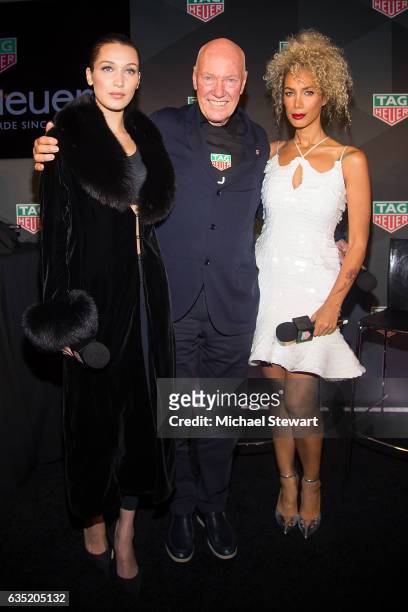 Model Bella Hadid, Jean-Claude Biver and Leona Lewis attend the new face of Tag Heuer announcement at Equinox on February 13, 2017 in New York City.