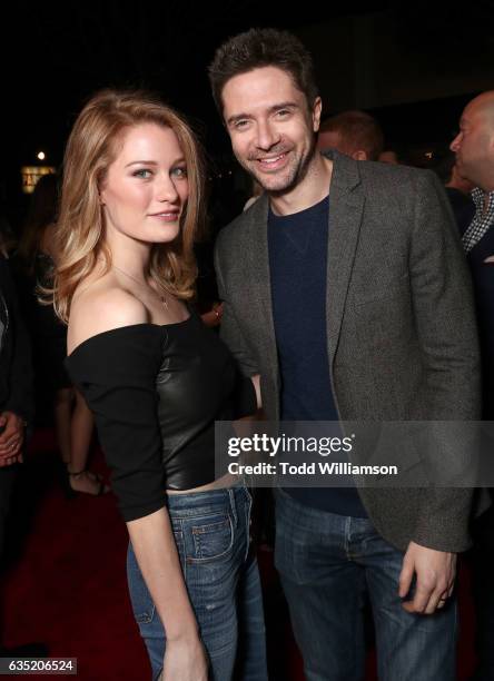 Ashley Hinshaw and Topher Grace attend the premiere of Warner Bros. Pictures' "Fist Fight" at Regency Village Theatre on February 13, 2017 in...