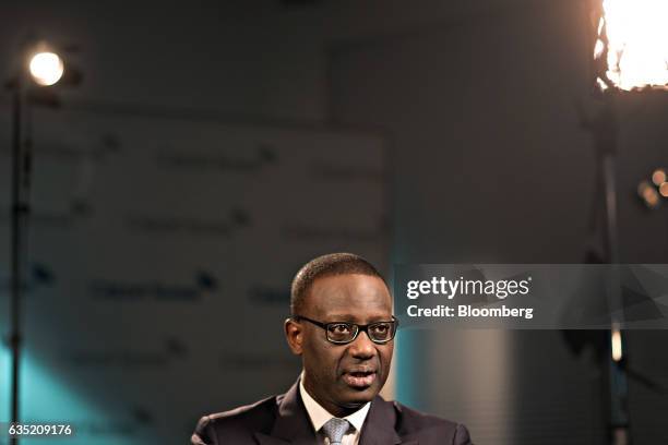 Tidjane Thiam, chief executive officer of Credit Suisse Group AG, speaks during a Bloomberg Television interview at the bank's headquarters ahead of...