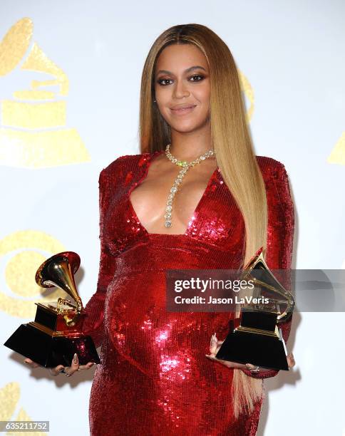 Beyonce poses in the press room at the 59th GRAMMY Awards at Staples Center on February 12, 2017 in Los Angeles, California.