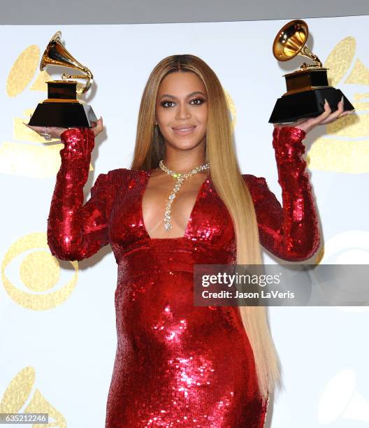 Beyonce poses in the press room at the 59th GRAMMY Awards at Staples Center on February 12, 2017 in Los Angeles, California.