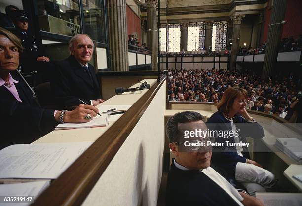 Crowd watches the trial of fugitive Nazi Klaus Barbie for crimes against humanity in Lyon, France.