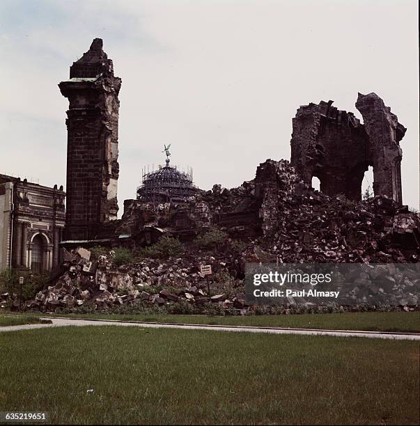 Ruins of the Frauenkirche, a bombed church in Dresden, Germany. Ca. 1950-1980.