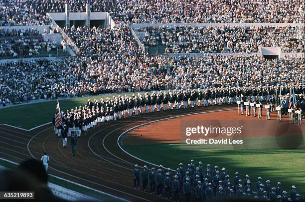 The American Olympic team marches at the opening ceremony of the 1960 Olympic Games in Rome, Italy.