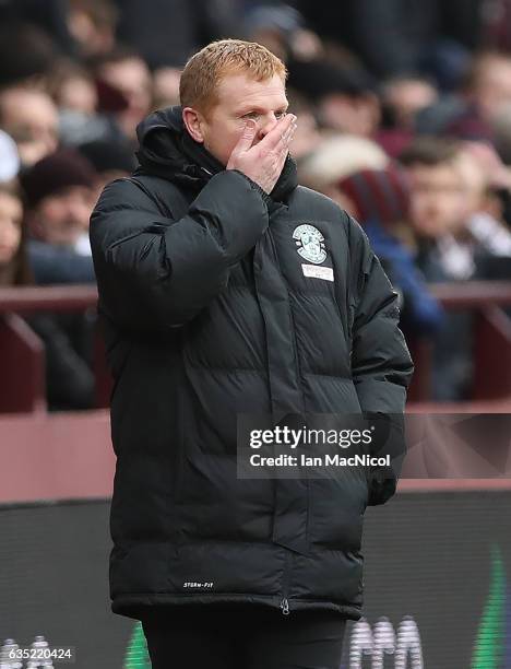 Hibernian manager Neil Lennon is seen during the Scottish Cup Fifth Round match between Heart of Midlothian and Hibernian at Tynecastle Stadium on...