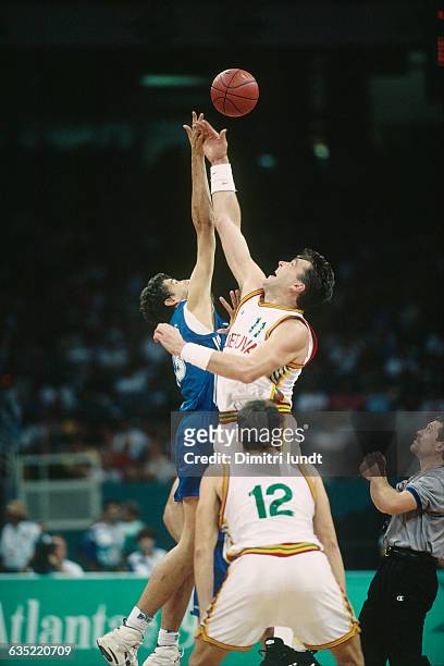 Arvydas Sabonis from Lithuania during a game against Greece at the 1996 Olympics.