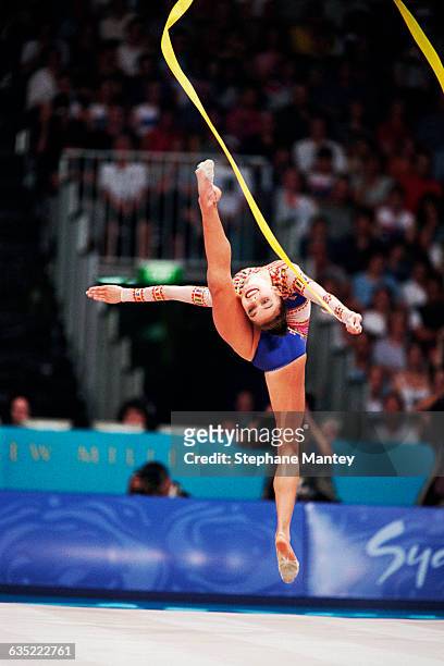Alina Kabaeva from Russia performs with ribbon at the 2000 Olympics.