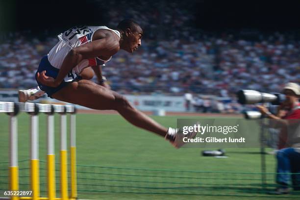 Colin Jackson from Great Britain during the men's 110m hurdles at the 1993 World Championships.