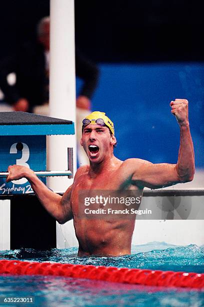 Grant Hackett from Australia celebrates after winning the men's 1500-meter final of the 2000 Olympics.